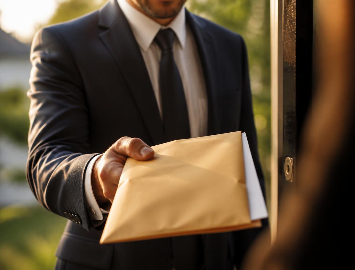 A registered process server delivering legal documents at a doorway